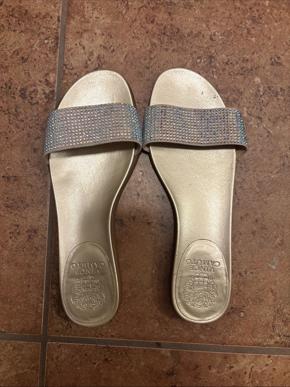 Vince Camuto Gold Slide Sandals with Iridescent Crystal Strap